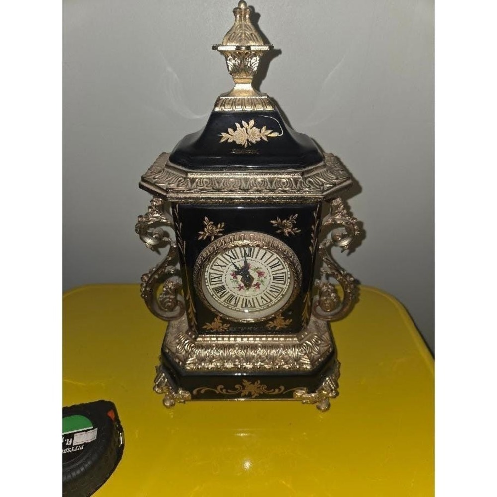 Vintage Cobalt Blue Porcelain Mantel Clock Gold Gilt French Louis XV style clock